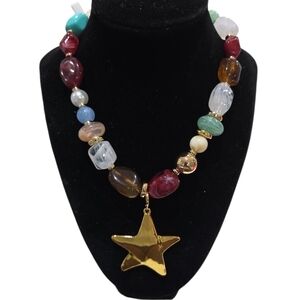 🌟🔹️Gemelli 🔹️Multicolor Beaded Necklace with Gold Star Pendant